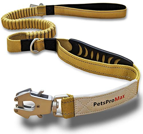 PetsProMax Tactical Dog Leash – Heavy-Duty Bungee Leash with Car Seat Belt Metal Clip & Advanced Easy-to-Use Frog Buckle, 360° Rotatable Hook, 5-7 Feet Stretchable (Brown, Chrome Buckle)