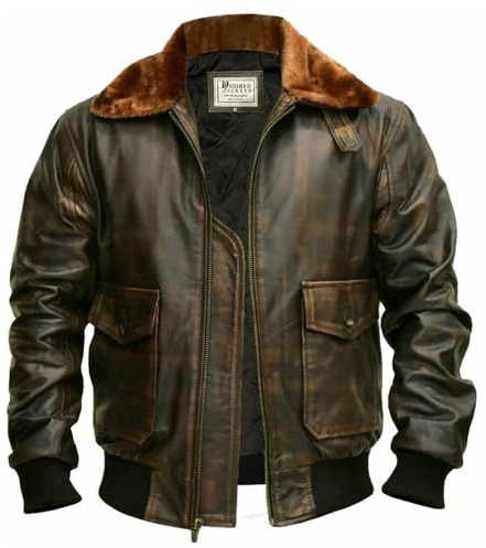 Mens G-1 Fur Collar US Navy Flight Distressed Brown Aviator Genuine Leather Jacket (2XL, Brown Real Leather Jacket)