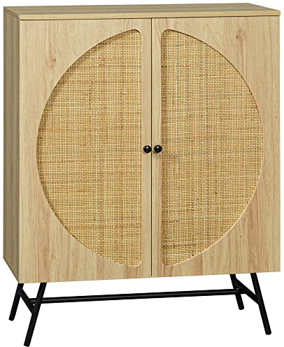 HOMCOM Aufbewahrungsmöbel Highboard in Holzoptik und Rohrgeflecht Design 2 Türen - 80 x 39 x 101,8 cm naturfarben