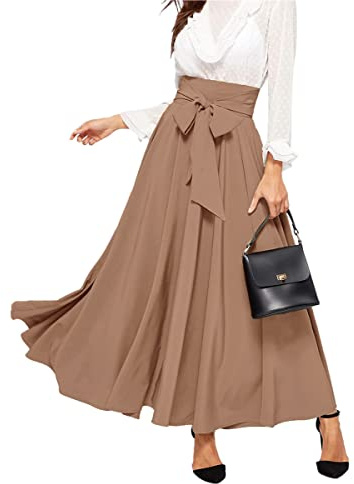 Minetom Gonna Lunga Primavera Estate Donne Gonne Vita Alta A-Line Partito Maxi Gonna Lunga Vacanza Solide Gonne con Papillon A Marrone L