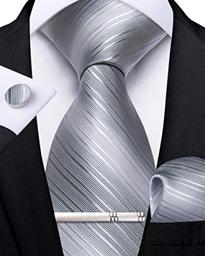 DiBanGu Formelle Herren Silber Krawatte Seide Krawatte und Einstecktuch Manschettenknöpfe Krawattenklammer Geschenkbox-Set für Smoking Hochzeit Party