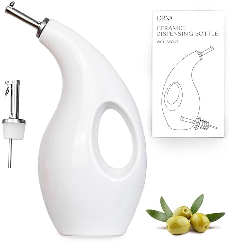 ORNA Ceramic Oil Dispenser Bottle with 2 Pourers – 700ml / 24 Oz Drizzle Bottle – Cruet Dispensing Bottle for Kitchen with Stainless Steel Spouts for Olive Oil, Vinegar, Syrup – White