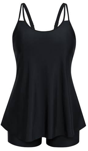 Hanna Nikole Tankini da donna con controllo della pancia, taglie forti, costume da bagno a due pezzi, a vita alta, linea ad A, Nero , 50 Di Più