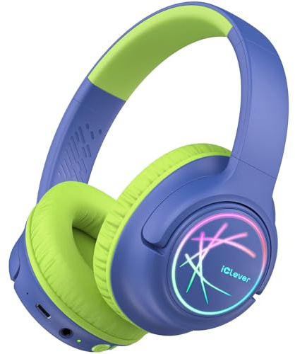 iClever Kids Bluetooth Headphones with LED Lights, BTH18 Safe Volume 74/85dBA, 43H Playtime, Bluetooth5.3 Kids Headphones Wireless Aux Cord for iPad/Tablet/Travel/School, Blue/Green