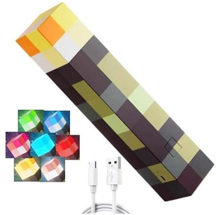 Lampe Murale en Forme de Torche Miner Game 28 cm - 7 couleurs Lampe de nuit rechargeable par USB - Éclairage manuel ou mural - Lampe de chevet pour enfants - Cadeau pour chambre et décoration de fête