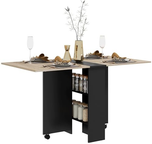 HOMCOM Mesa Plegable de Comedor Mesa de Cocina Plegable con Ruedas Alas Abatibles y Estantes para 4-6 Personas 75x140x74 cm Natural y Negro