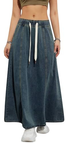 Acrawnni Women's Vintage Denim Long Maxi Skirts Ladies Drawstring High Waist Flared Stretch Straight Jeans A-Line Skirt (A-Dark Blue, XL)