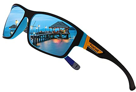 Long Keeper Sport solglasögon polariserade för män kvinnor sportglasögon cykelglasögon spegelglas med UV 400 skydd för körning körning golf löpning, Svart blå ram – speglade blå glas, M