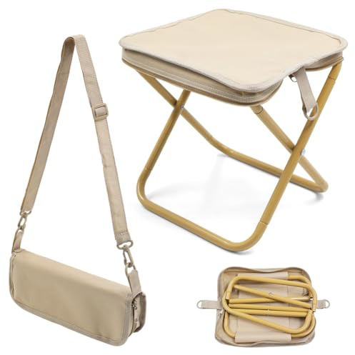 WFKKMEQ Portable Foldable Backpack Stool for Camping, Small Folding Chair for adults, Lightweight Mini Pocket Fold Up Telescopic Stools for Fishing Travel Hiking Garden (Khaki)