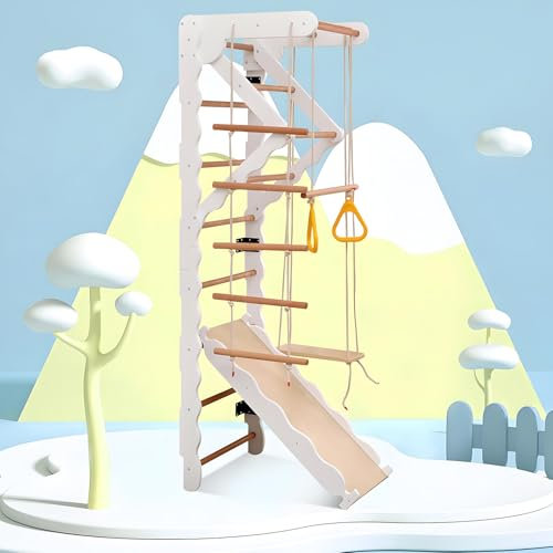 Struttura Da Arrampicata Multifunzionale in Legno per Interni 6 in 1 Con Spalliera,Scivolo E Pedana,Angolo Di Arrampicata,Sbarra Ginnica,Altalena E Scala Di Corda,Adatta a Bambini Dai 3 Anni in Su