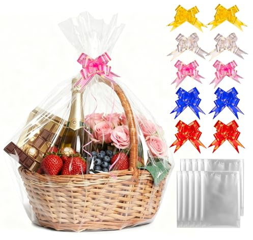 10 st extra stora cellofanpåsar för korg, 71,1 x 101,6 cm, transparent cellofanförpackning för korgar med rosetter, stor presentkorg, påskgåva och jul
