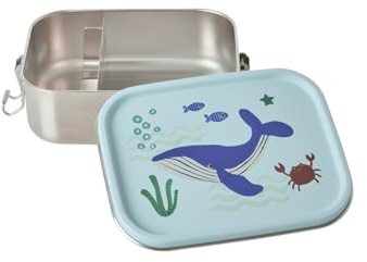 ReWu Rice Lunchbox aus Metall - Blue Ocean Print - Lebensmittelaufbewahrung Brotdose für Kinder mit Tiermotiv Blau Trennwand 17 x 12 x 6 cm