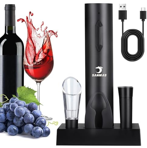 SANMAS Juego de abridor de vino eléctrico recargable, sacacorchos automático 5 en 1 con cortador de papel de aluminio y aireador de vino, 2 tapones de vacío, cable tipo C y soporte, kit completo de