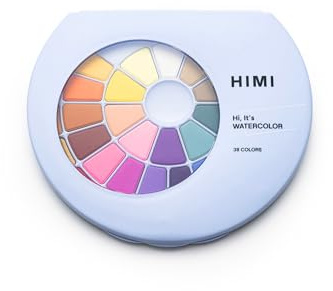 HIMI Solid Watercolour Set 38 Colours in Pans, Brush, Blue Case, Opens Like Makeup Palette, School Art, Teen Sketching, Bold Experiments, Watercolor Supplies Kit, Portable, Beginner Hobby, Gift