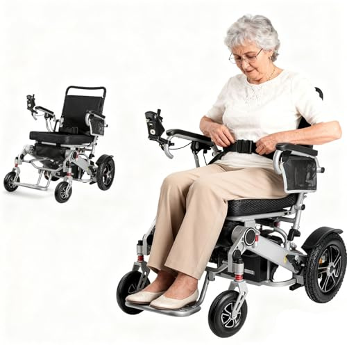 Mindmed Sedia a rotelle elettrica, facile da piegare, 2 batterie per 30 km, portata 120 kg, pneumatici da 40 cm e luce LED per viaggi notturni all'aria aperta