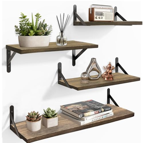TempFoo Floating Shelves for Wall Mounted Shelf, Kitchen Bedroom 4pc Wooden | Brown Rustic Shelfs for Walls, Long Wood Shelving Display Book Picture Small Trinket, Room Living Room Office Bathroom