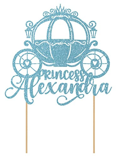 Personalised Princess Carriage Glitter Cake Topper- Light Blue Any Custom Name Glitter Cake Decoration and Sprinkles - Happy Birthday Decorations - Personalised Toppers for Cakes by Cakeshop