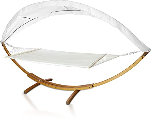 Ansobea Hamaca XXL con Estructura y toldo para el Sol, Superficie de Descanso de 200 x 150 cm, Hammock de Madera de alerce Resistente a la Intemperie, hasta 200 kg