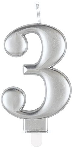 Unique 19593 - Bougie d'Anniversaire Numéro 3-8cm - Couleur Argent Métallique - 1 Pièce (Lot de 1)