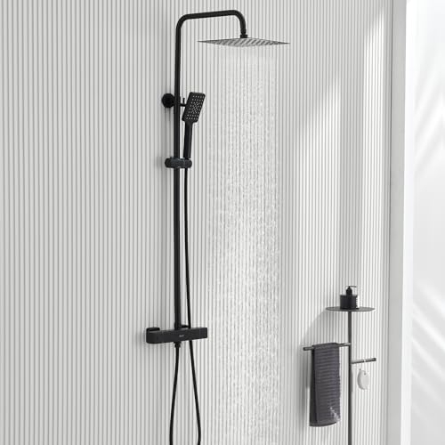 Colonna Doccia con Miscelatore Nero, Ulytid Kit Doccia con Soffione e Doccetta, Miscelatore Termostatico Doccia con Soffione Quadrato 25x25cm, Doccetta 3 Funzioni, Saliscendi Doccia Regolabile