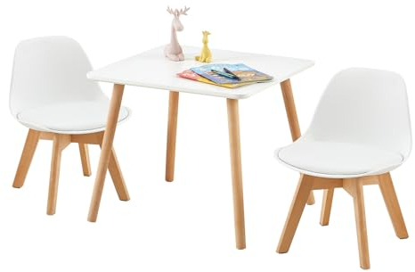 LuxNook Kindertisch mit 2 Stühlen, Kindersitzgruppe, aus FSC nachhaltigem massivem Buchenholz, 1 bis 6 Jahre Kinder, Kindermöbel für Kinderzimmer, Kindergärten, weiß