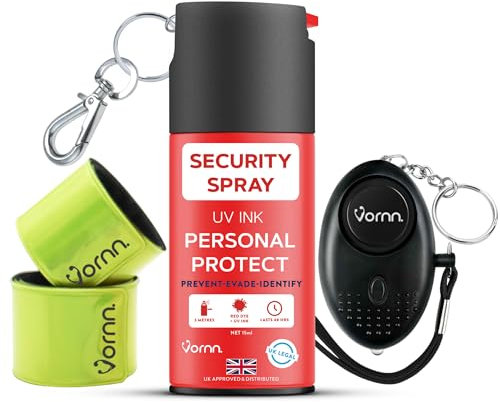 VORNN Self Defence Spray easy to use 15ml UV Marking Dye With Safety Lock |10ft Range Personal Safety Spray for Women & Men|Includes 140dB Personal Safety Alarm LED Light with Keychain UK Legal