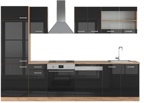 Vicco Küchenzeile R-Line, Schwarz Hochglanz/Goldkraft Eiche, 300 cm, AP Eiche, für Flexible Anordnung und Erweiterung mit Zusatzmodulen