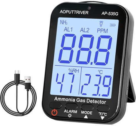 Ammonia Gas Detector 535G, NH3 Gas Monitor Sensor Range 0-100ppm Rechargeable Ammonia Gauge with Alarm, Temperature(℉/℃), Humidity, LCD Backlight Display, for Poultry, Farm, Chemicals