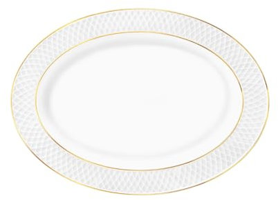 Wilmax - Piatto ovale con motivo dorato - 1 pezzo - 35 x 25 cm - Piatto piano in porcellana bianca - tavola - Lavabile in lavastoviglie da dessert - Confezionato in un'elegante confezione regalo