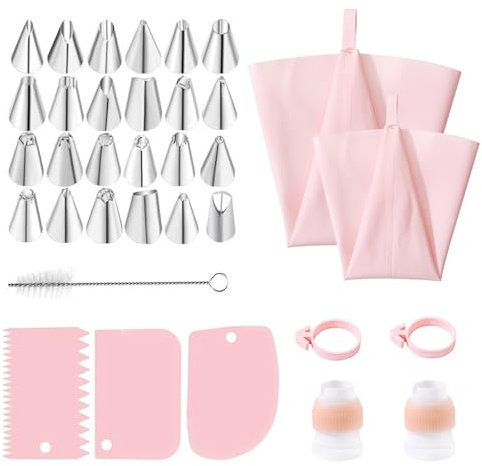 34 Stück Spritztüllen Set, Spritzbeutel mit Tüllen Edelstahl Spritztüllen Wiederverwendbar Teigspachtel Torten Zubehör für Dekorieren Von Gebäck Torten Geeignet Keksen Cupcakes