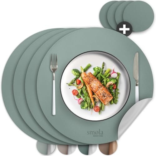 smøla 8-teiliges Tischset Rund aus PU-Leder - inkl. Untersetzer I Platzset Abwaschbar I Platzdeckchen Set in Lederoptik, Tischunterlage für Teller & Gläser I Tischdeko, Grün/Grau