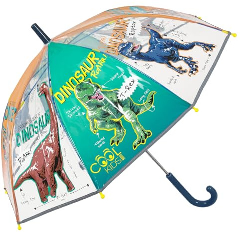 PERLETTI Ombrello Trasparente Bambino 3 4 5 Anni - Ombrello Pioggia Lungo Bambini a Cupola Antivento - Ombrellino Bimbo Asilo Resistente con Apertura Manuale di Sicurezza - Diametro 69 cm (Dinosauri)