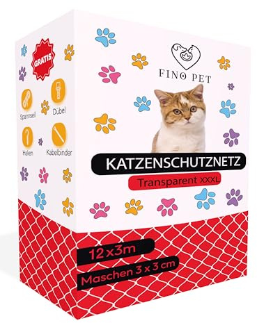 FinoPet Katzennetz 12x3 Meter für Balkon transparent inklusive Befestigungsmaterial, Katzenschutznetz Katzengitter Schutznetz Sicherheitsnetz Balkonnetz für Katzen, Katzennetz für Balkon ohne Bohren