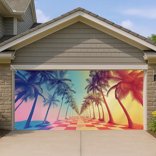 Grande housse de porte de garage rétro tropicale - Motif à carreaux vintage coloré - Décoration de porte de garage - Toile de fond pour fête d'été - 397 x 180 cm