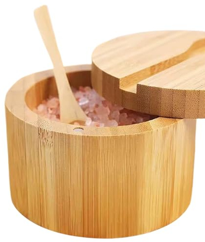Soporte para sal con tapa, tarro de almacenamiento de condimentos de cocina, cuchara de madera incluida de 3.5 x 3.5 x 2.75 pulgadas, contenedor de sal de fácil acceso, recipiente apto para encimera