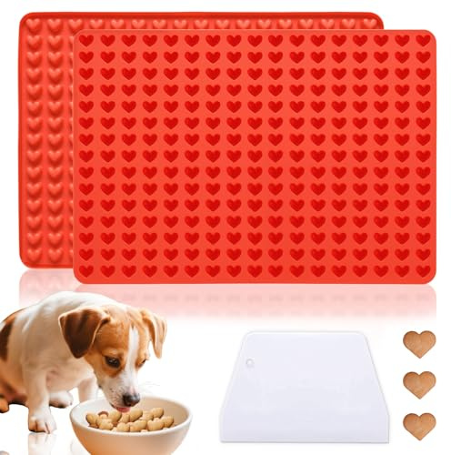 FICOFISE 2 Pcs Baking Mat Dog Biscuits: 1.3cm Silicone Baking Mat 255 Cavity, Mini Heart Shaped Gummy Moulds, Non Stick Puppy Food Moulds with Dough Scraper, for DIY Dog Treats Chocolate Ice Cubes