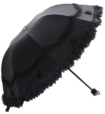 Kawaii-Story Umbrella-006 Vintage Lace Umbrella Foldable Victorian Style Elegant Ruffles Black White Floral, 006-2 Black, Big