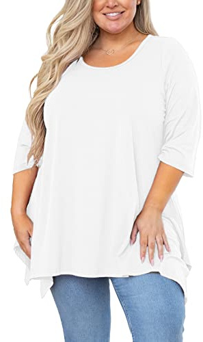 AusLook Plus Size 3/4 Sleeve Side Split Babydoll Flowy Tunic Blouse | Plus Size Tunic Tops, 3/4 Sleeve Crewneck Blouses, Flowy Babydoll Shirts, Soft Loose Fit, Spring Fall Daily Outfits