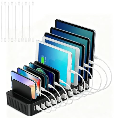 Stazione di ricarica multi-dispositivo, stazione di ricarica PD da 100W con 10 porte e divisori rimovibili, organizer per stazione di ricarica USB per telefono, tablet, con 10 cavi di ricarica