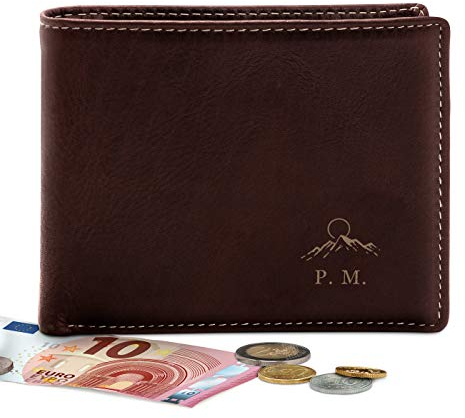 Maverton Ledergeldbörse Portemonnaie Herren mit Gravur - Geldbeutel Brieftasche - Geschenk Geburtstag Mann - 12,5x10cm - aus Echtleder - braun - Initialen