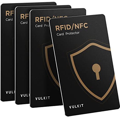 VULKIT Tarjetas de Bloqueo RFID/NFC- Paquete de 4, Protector de Tarjeta de crédito Ultrafino, Protector de Tarjetas sin Contacto, Bloqueador NFC Premium, para Tarjetas crédito, Pasaportes, Billetera