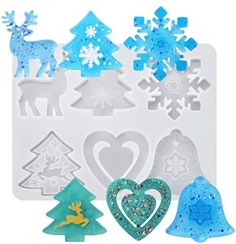 PHOGARY Christmas Resin Moulds Epoxy Molds for Crystal Epoxy Casting, DIY Xmas Pendent Hanging Ornaments, Tree, Snowflakes Elk Bell Gift Decoration