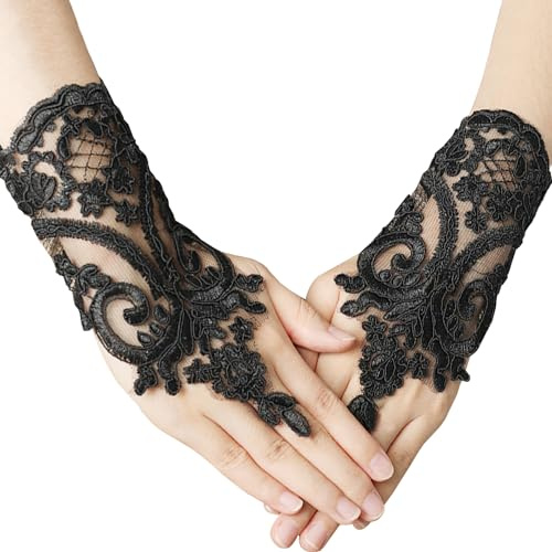 1 Paar Spitzenhandschuhe, Kurze Fingerlose Damenhandschuhe, Kurze Bestickte Braut-Handgelenkhandschuhe, Hakenfinger-Bestickte Handschuhe Für Maskerade, Brautparty, Halloween-Verkleidung (Schwarz)