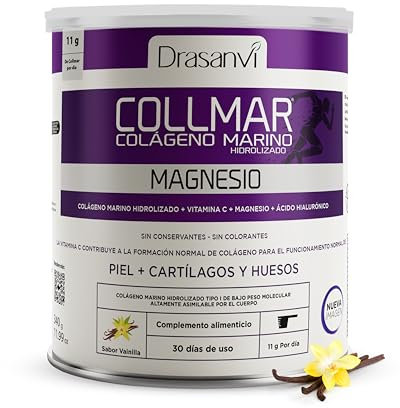 DRASANVI COLAGENO HIDROLIZADO con Ácido Hialurónico, Magnesio y Vitamina C Natural - Huesos, Articulaciones y Piel - Colágeno Marino 9.717 mg/día, 340 GR = 30 días, Sabor Vainilla