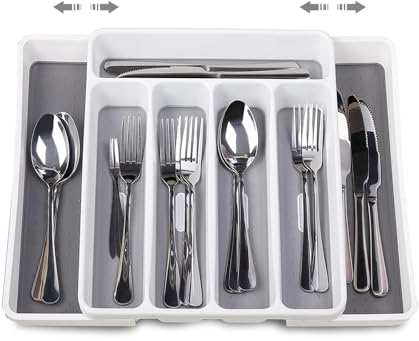 KAQ Schubladen Organizer Expandable für Küchen: Verstellbarer Besteckkasten für Spoon Gabeln Kunststoff Messer