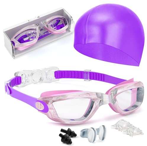 Hurdilen Kids Swim Goggles, Swimming Goggles for Kids Toddlers 3-14 with Swim Cap, Nose Clip, Nose Bridge, Ear Plugs