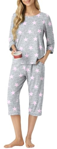 PrinStory Pigiama da donna casual a 3/4 con maglietta corta e pigiama corto con tasche traspirante set pigiama estivo set da notte, Stella rosa., M