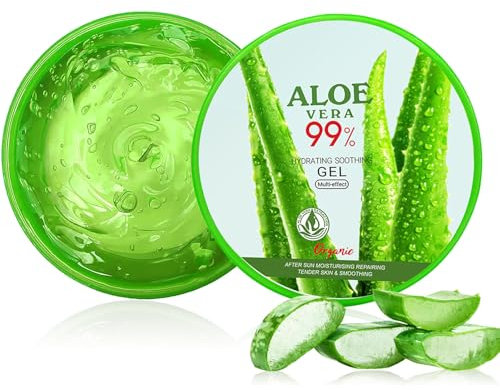 Aloe Vera Gel 99% Rein, 300ml Aloe Vera Gel Bio für Gesicht, Ideal für Sonnenbrand Reparieren, trockene strapazierte Empfindliche Haut - für Gesicht, Haare und Körper, After Sun Lotion