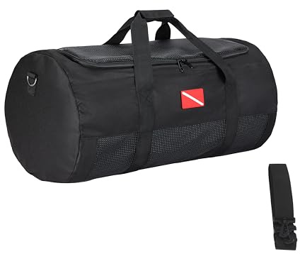 DiveTec Mesh Scuba & Snorkeling Gear Bag – Heavy-Duty Cloth Ventilated Dive Duffel with Zipper & Adjustable Shoulder Strap (15.7 Diameter x 29.5 Length), Black