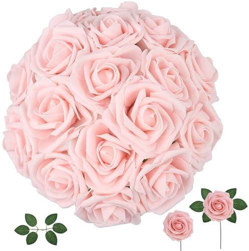 Noaxylic 25 Pezzi Rose Artificiali, Rose Finte Schiuma Aspetto Reale, Fiori Artificiali in Schiuma con Stelo, Fiori Finti per Decorazioni, per DIY Matrimoni Mazzi Nuziale Festa Casa Decorazioni (Rosa)